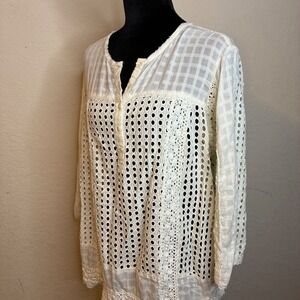 Sundance White Eyelet Women Top Sheer Henley 3/4 Sleeve Lace Buttons Large Boho